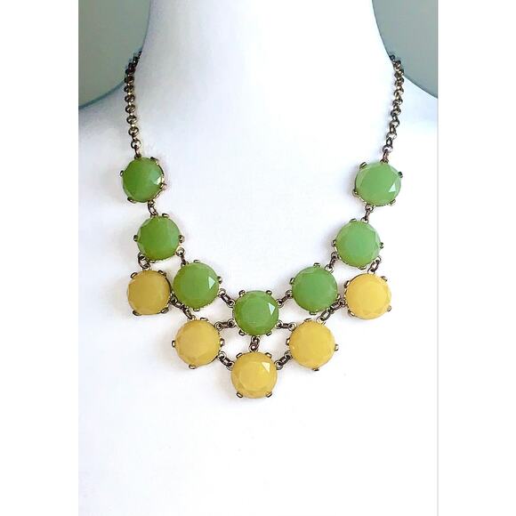 J. Crew Gold Tone Green and Yellow Cushion Cut Stone Statement Necklace EUC - Picture 1 of 7